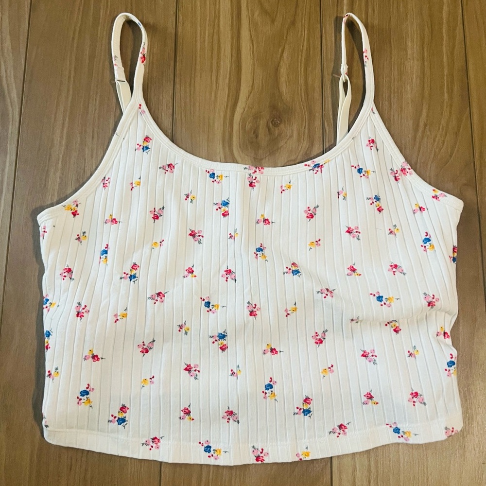 White Floral Ribbed Cami Crop Tank Top